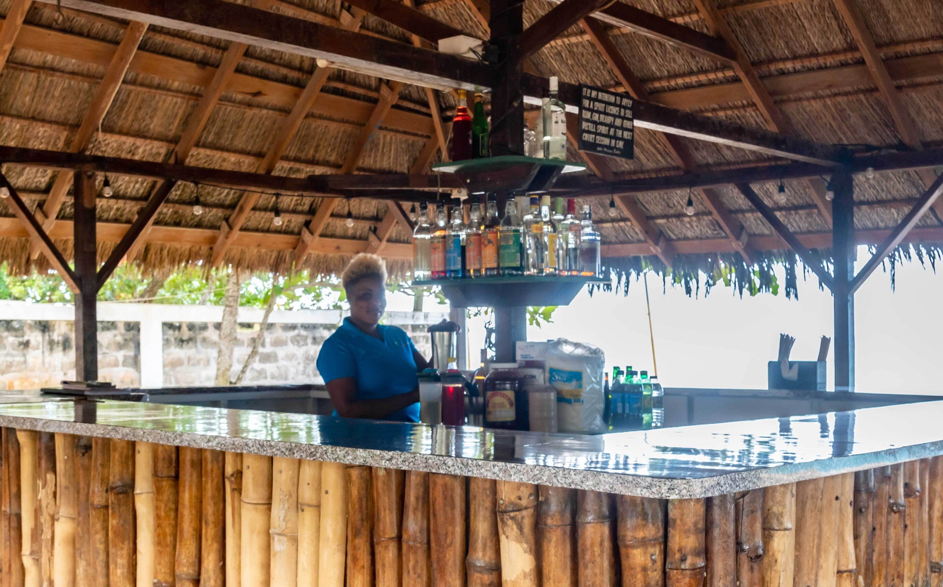 Una zona de bar con techo de paja, un fondo de bambú y varios botellas en la estantería.