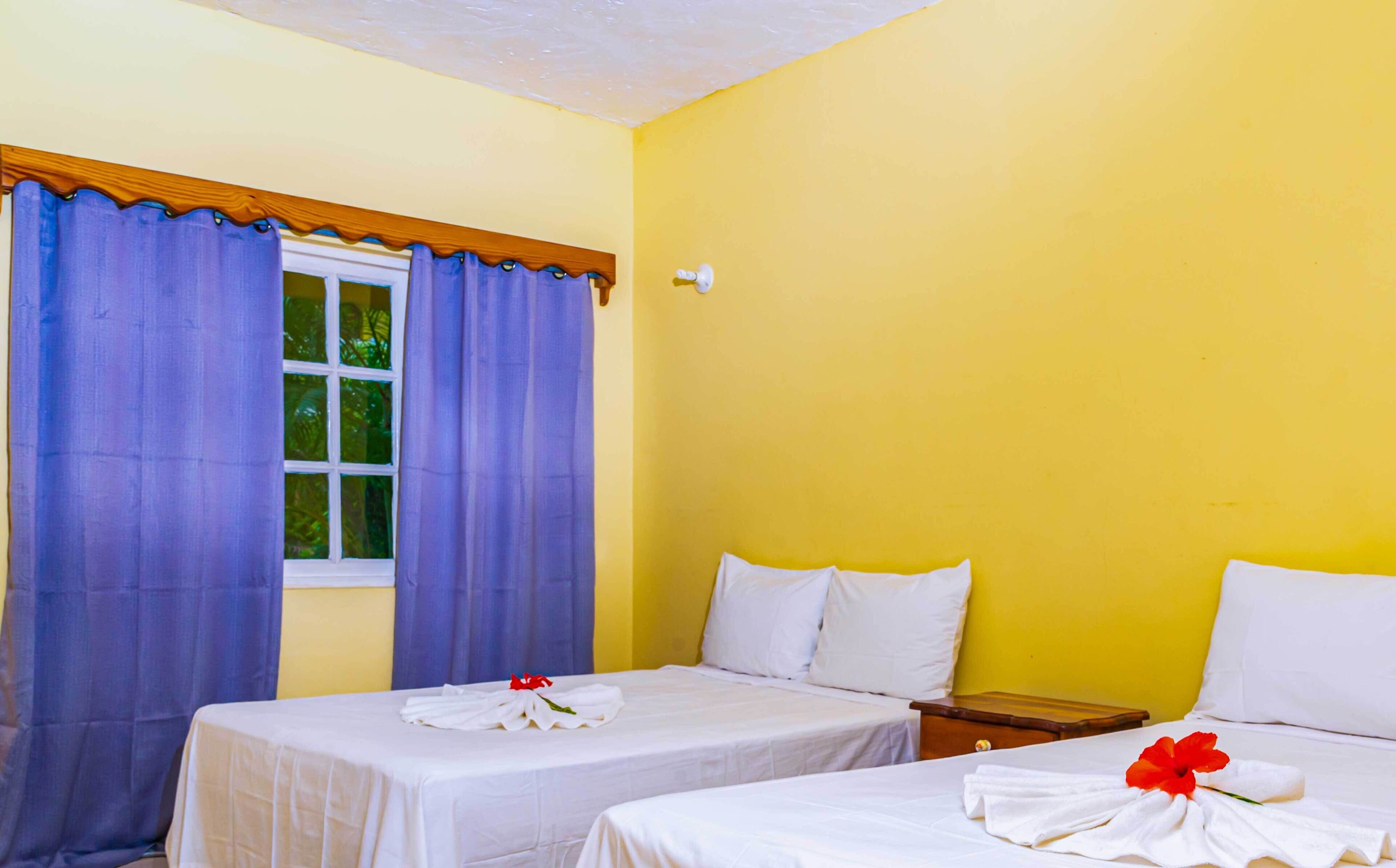 Une chambre d’hôtel avec deux lits, une fenêtre avec des rideaux bleus et un mur jaune.