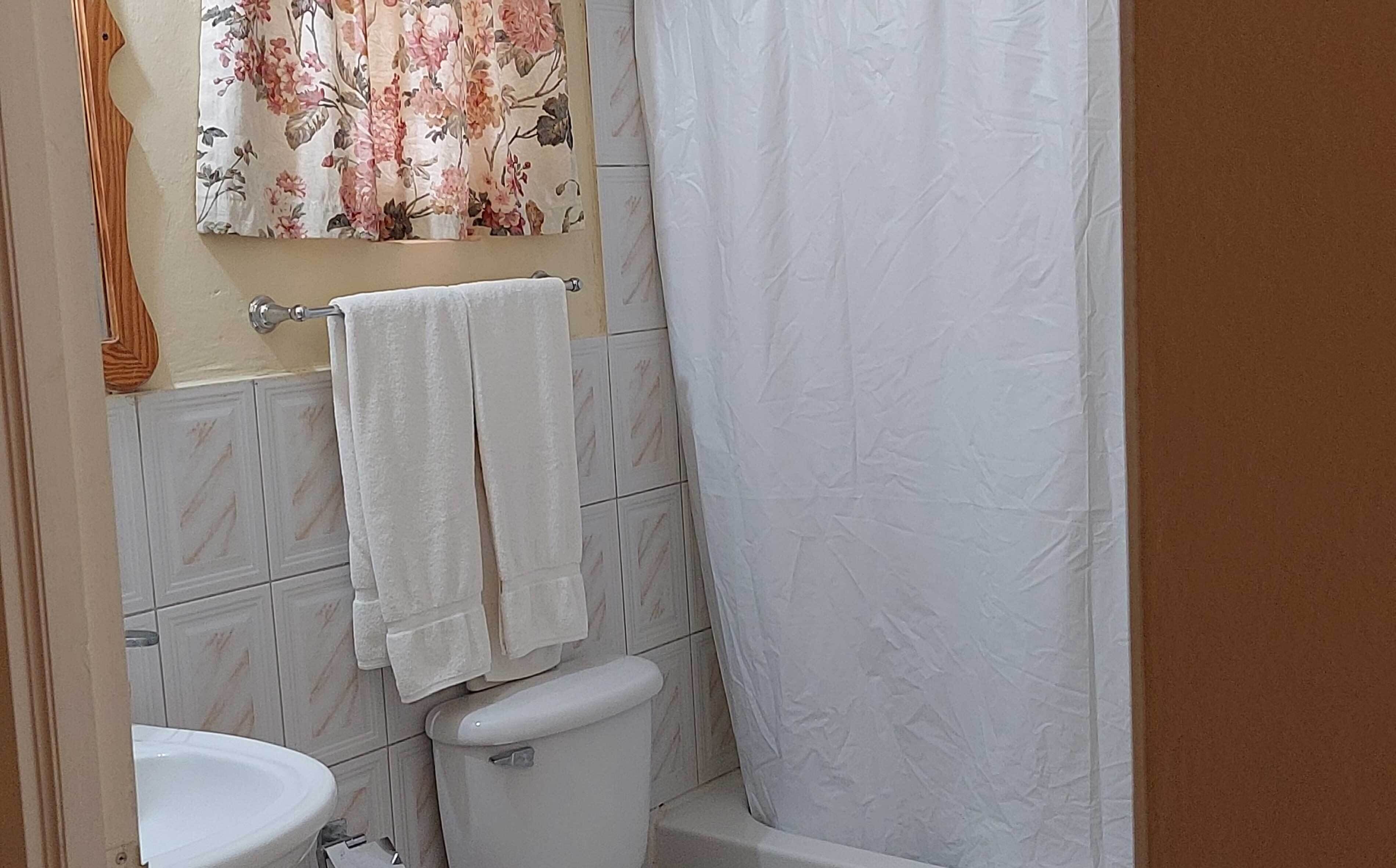 Et badeværelse med toilet, håndvask og bruser.