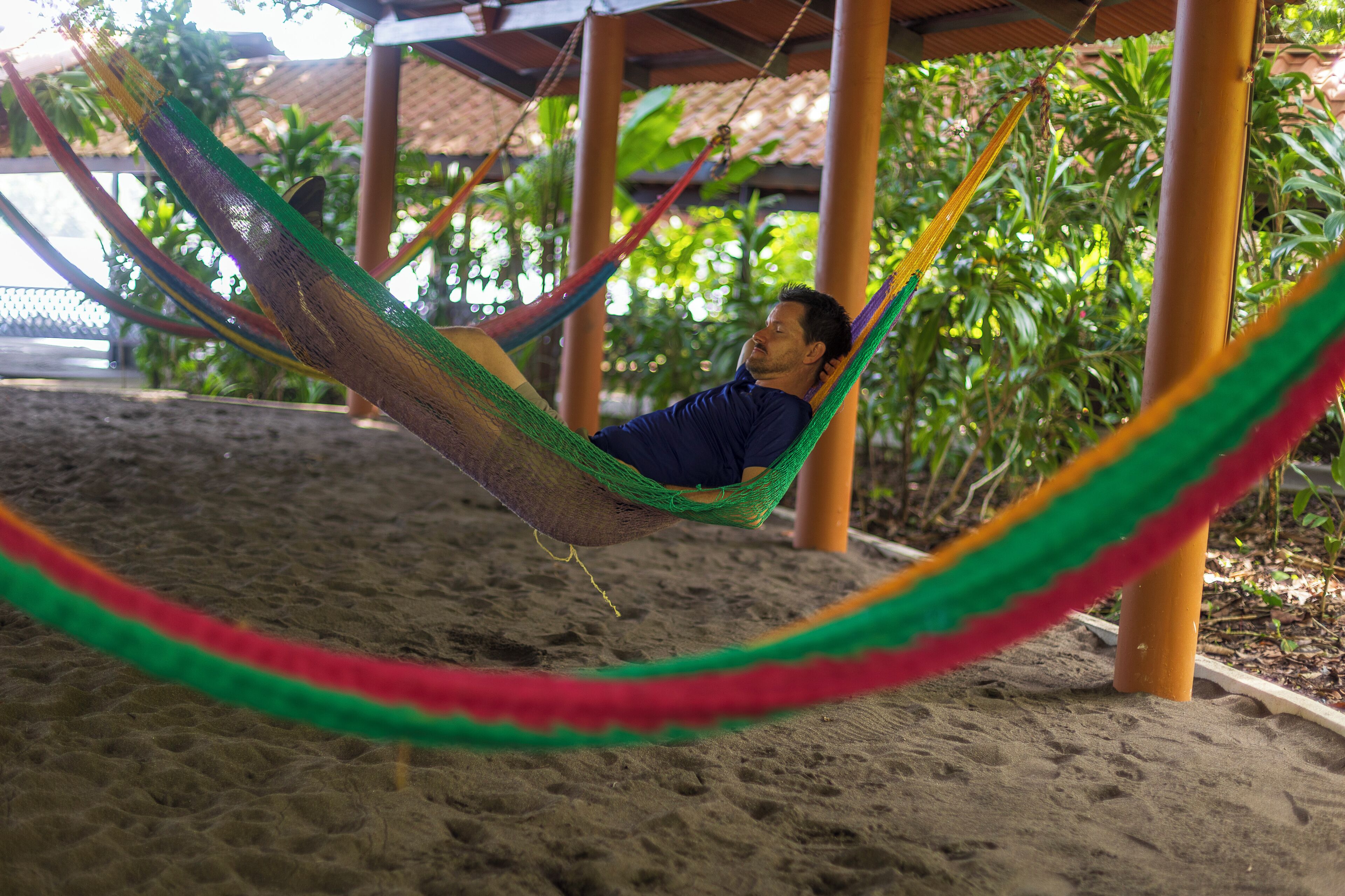 A hammock under a wooden structure with sand and greenery in the background.