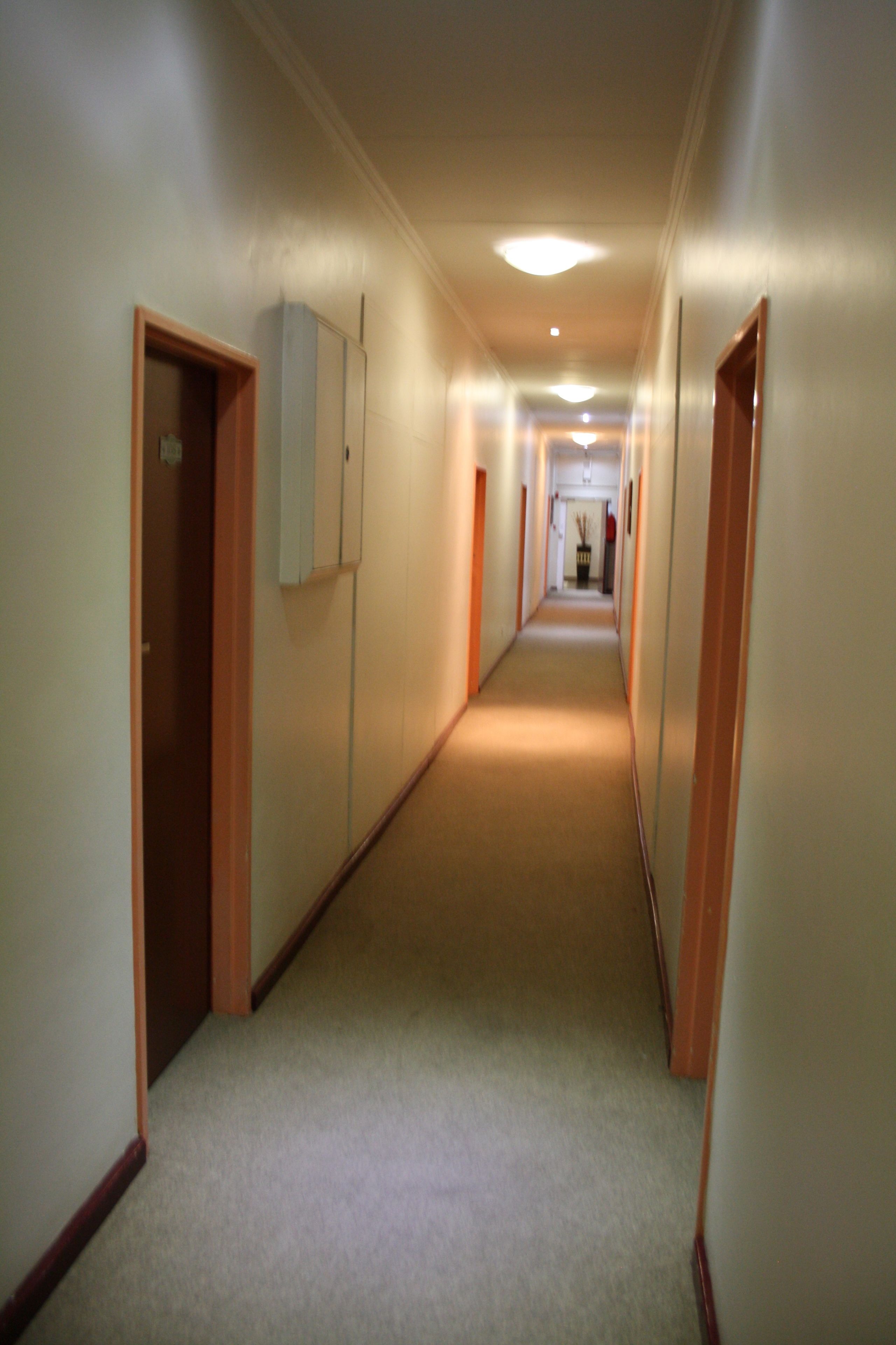 A long, narrow hallway with doors on both sides, carpeted floors, and a light-colored wall.