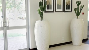 A modern lobby with a white sofa, two large cactus plants, and three framed pictures on the wall. - Cresta Lodge Gaborone (Gaborone)