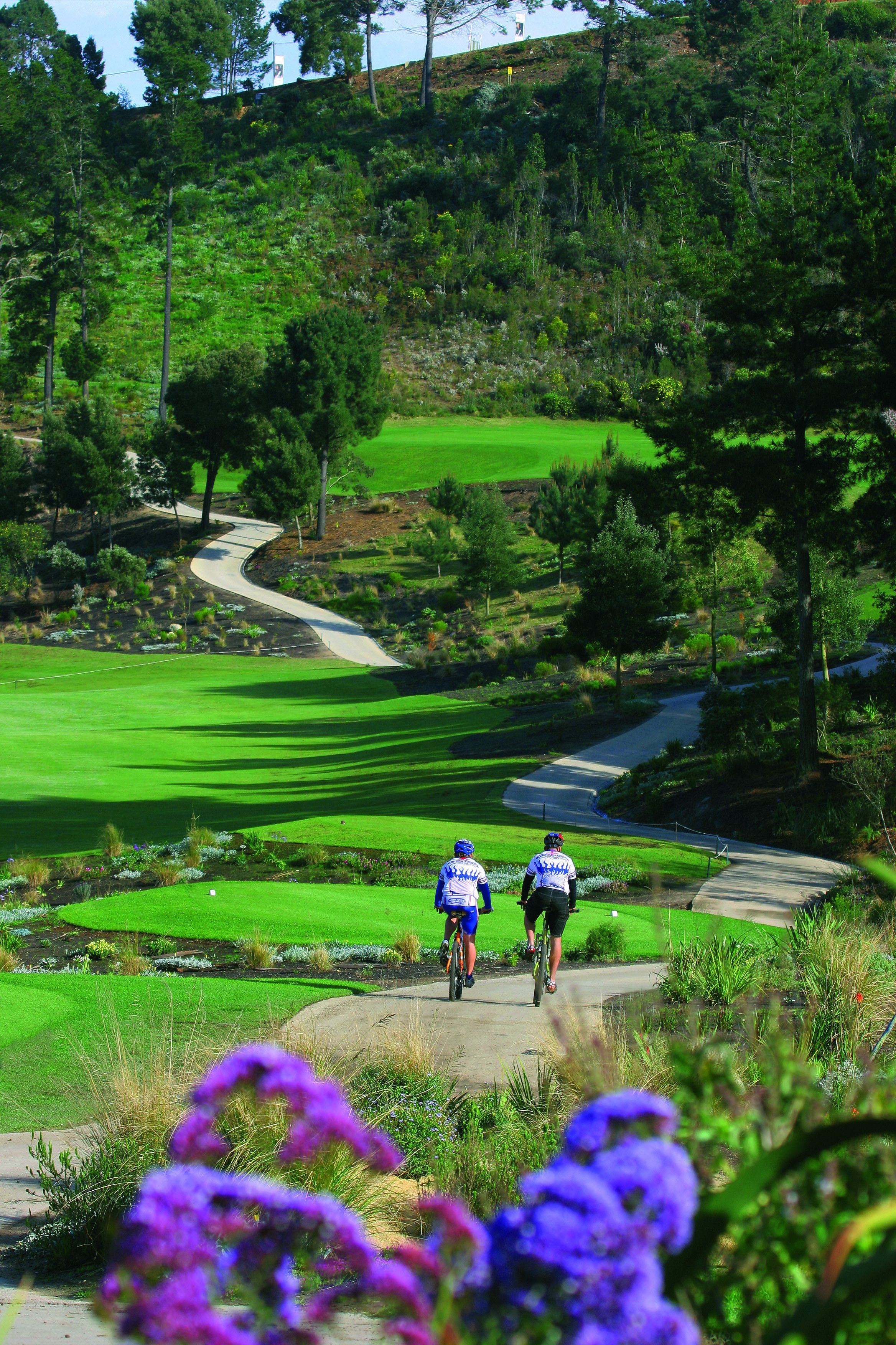 Un campo de golf con un sendero sinuoso, exuberante vegetación y flores púrpuras en primer plano.