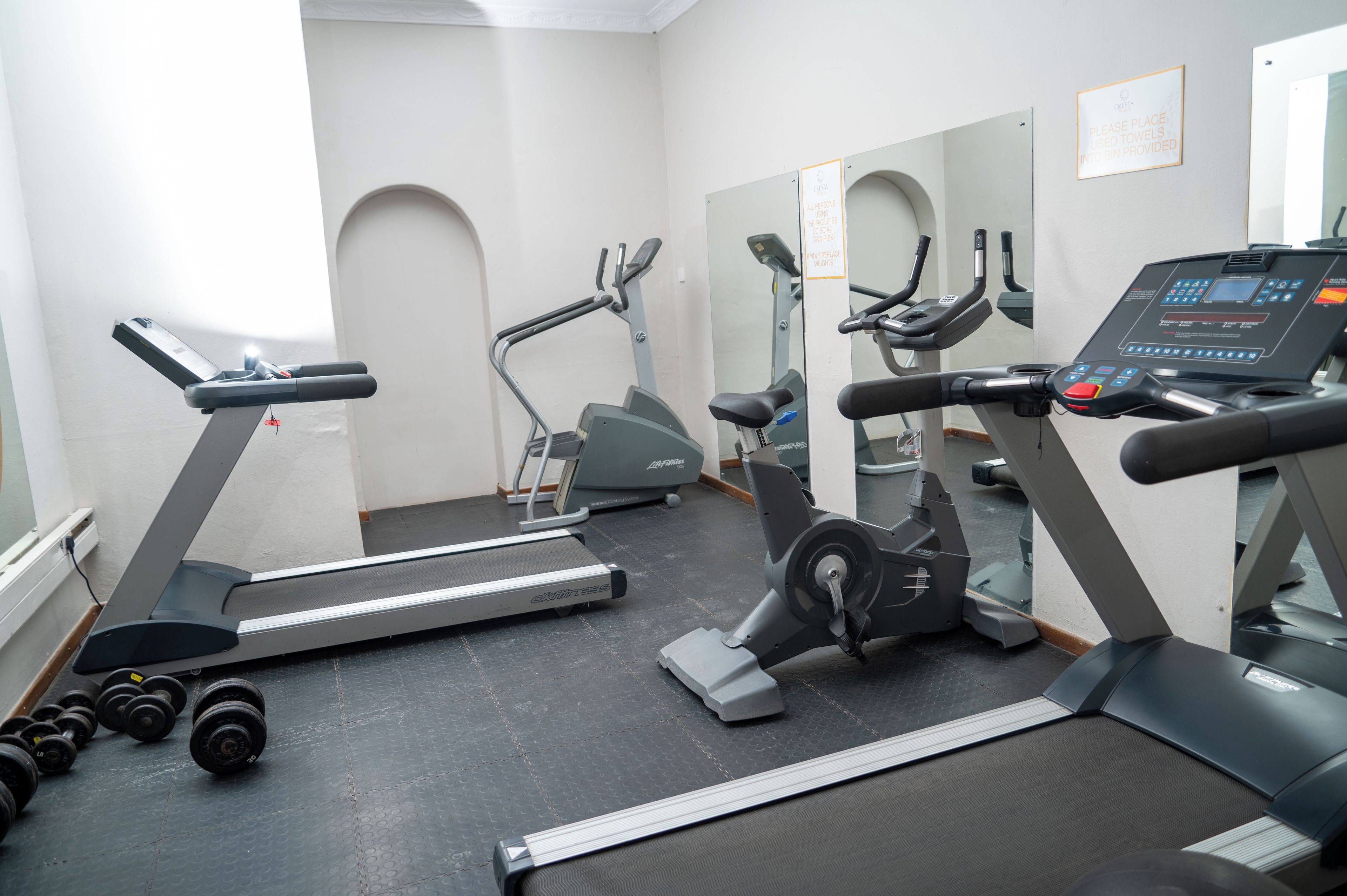 A gym with treadmills, elliptical machines, and dumbbells.