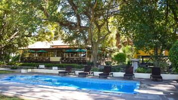 Relax by the serene pool surrounded by lush greenery and shaded by mature trees, with lounge chairs and a nearby restaurant for dining.