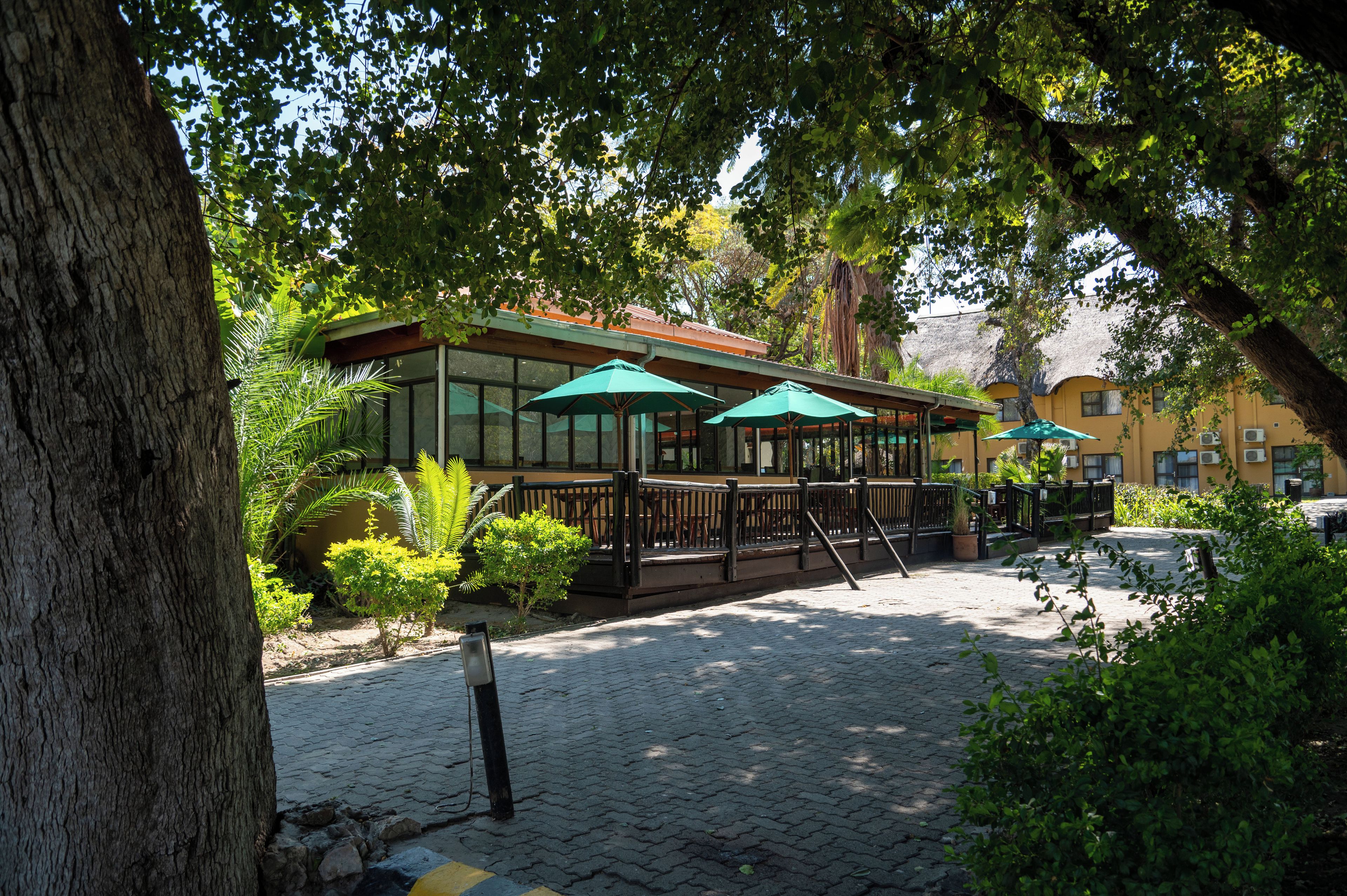Un espace extérieur aménagé avec des tables et des parasols, entouré d’arbres et bordé d’un bâtiment à la façade jaune.