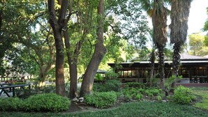 A building surrounded by lush greenery, with a well-maintained garden and a wooden deck.