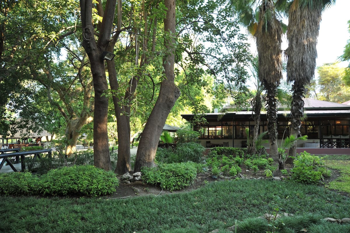 A building surrounded by lush greenery, with a well-maintained garden and a wooden deck.