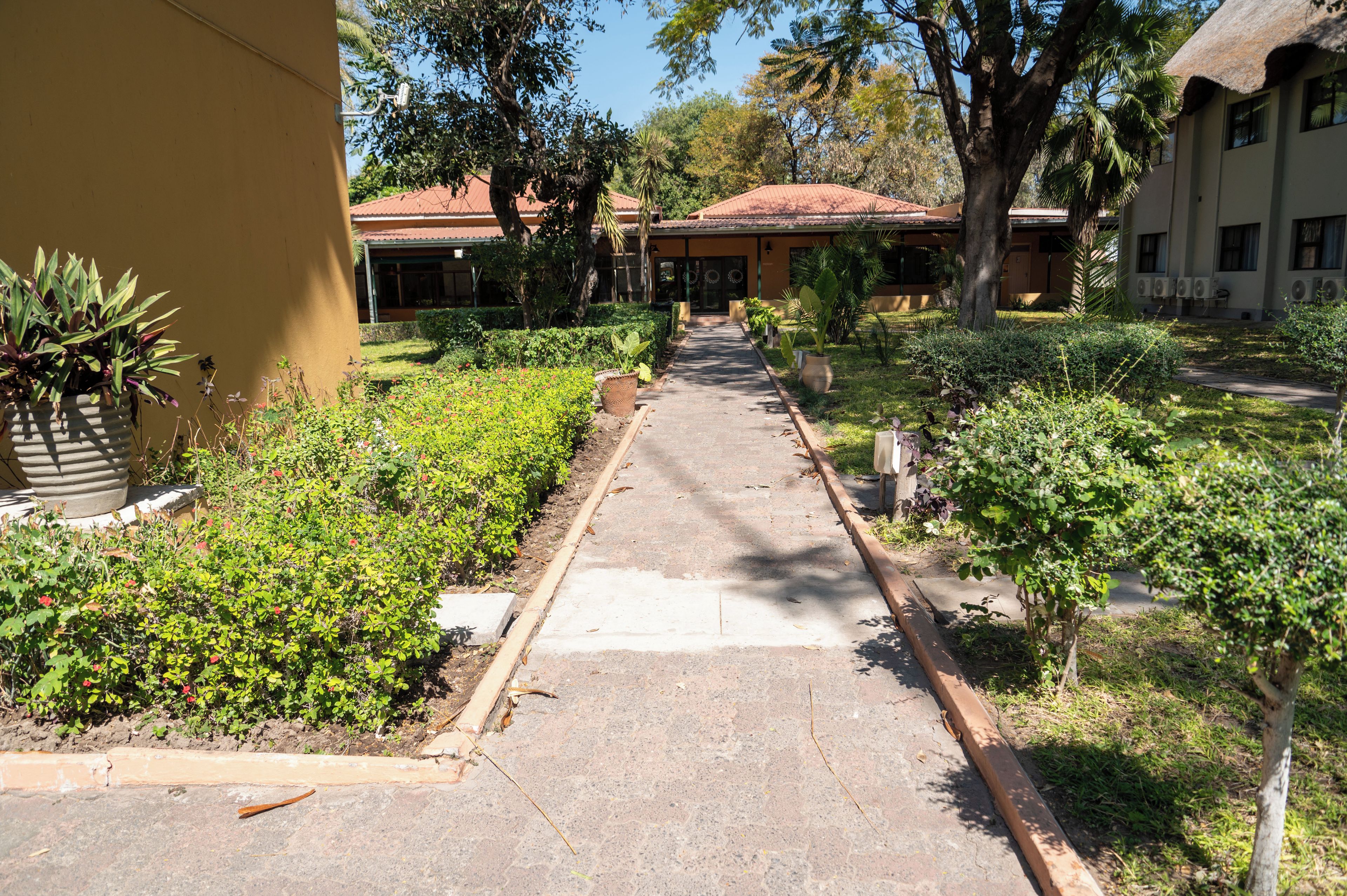 A pathway leading to a building with a red roof, surrounded by greenery and potted plants.