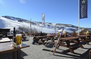 An outdoor seating area with wooden picnic tables, a beer mug, and a flag.