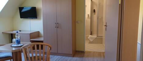 A room with a bed, a desk with a chair, a wardrobe, a television, and a shower area.