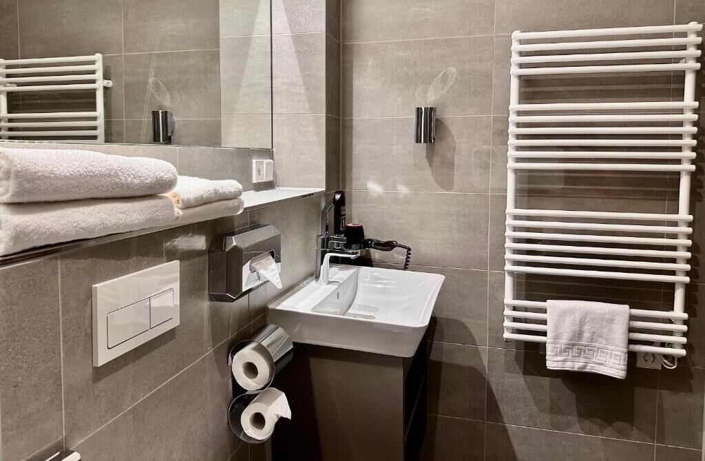 A modern bathroom with a sink, mirror, towel rack, and toilet paper.