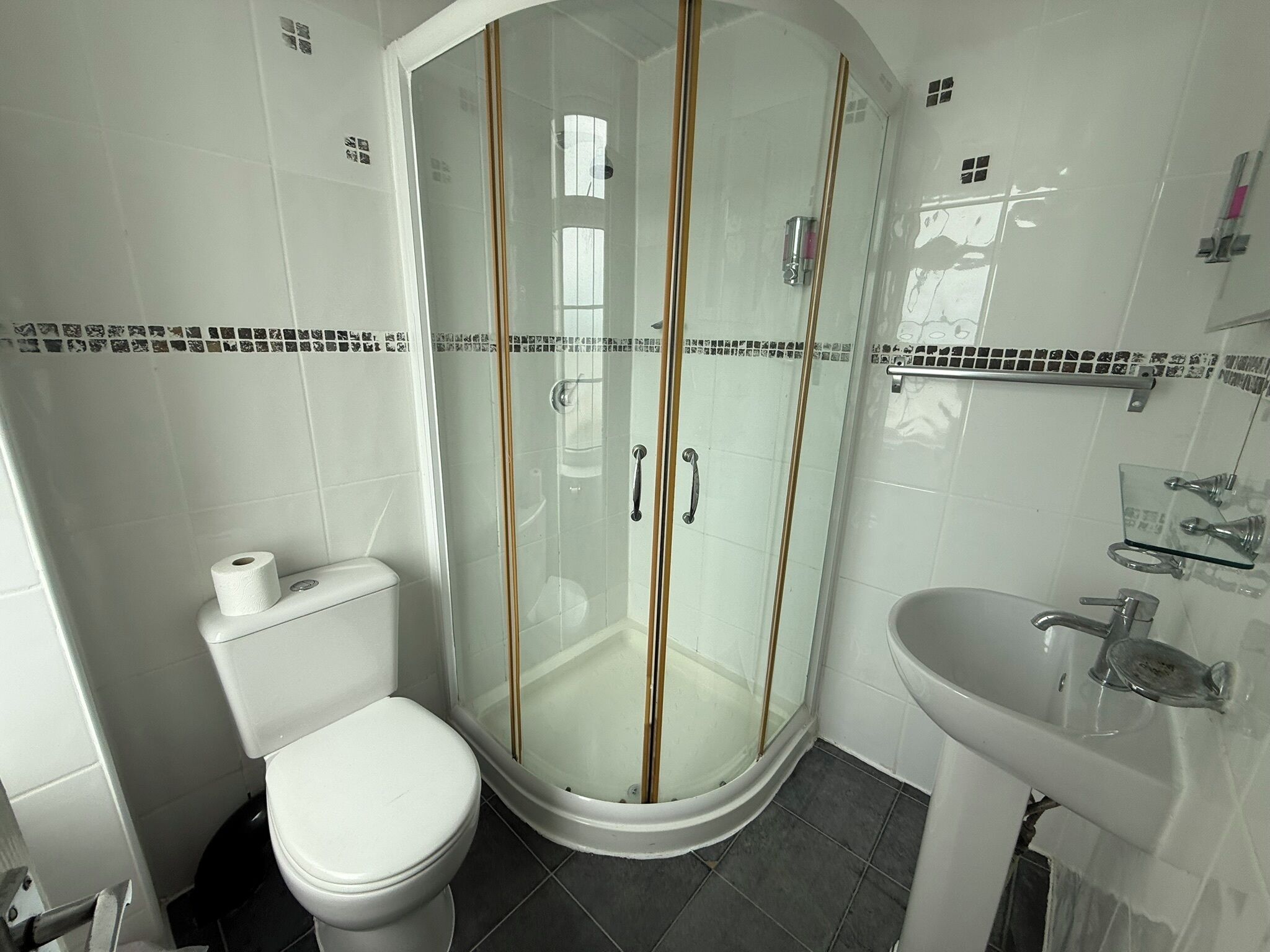 Un baño con ducha envuelta en vidrio, un inodoro y un lavamanos.