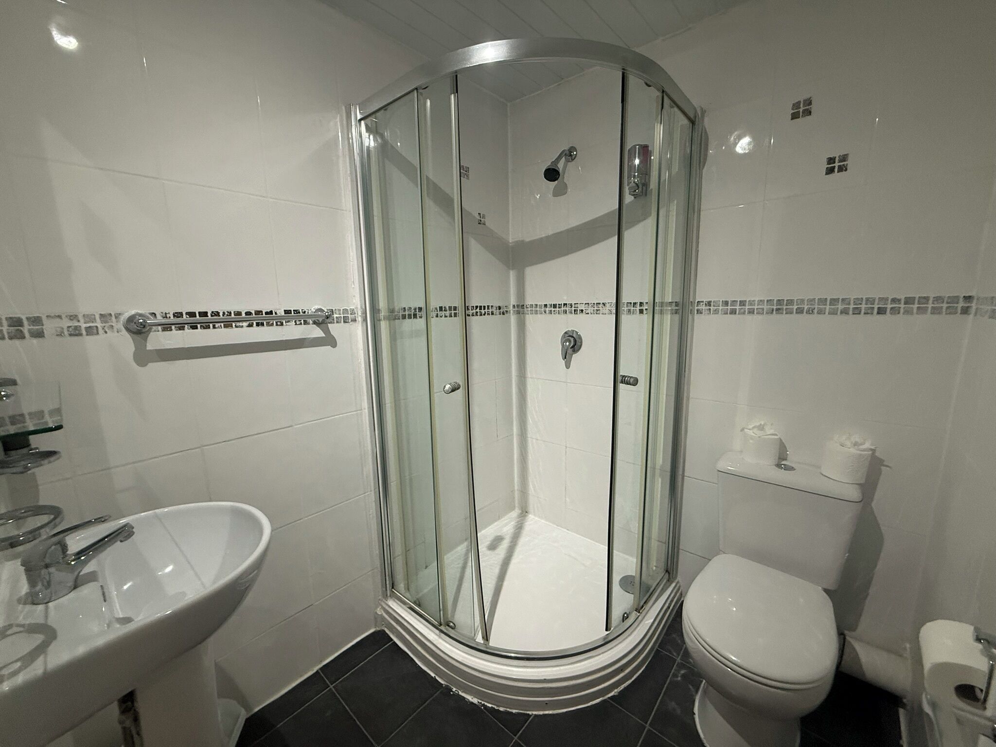 A modern bathroom with a glass-enclosed shower, a white sink, and a toilet.