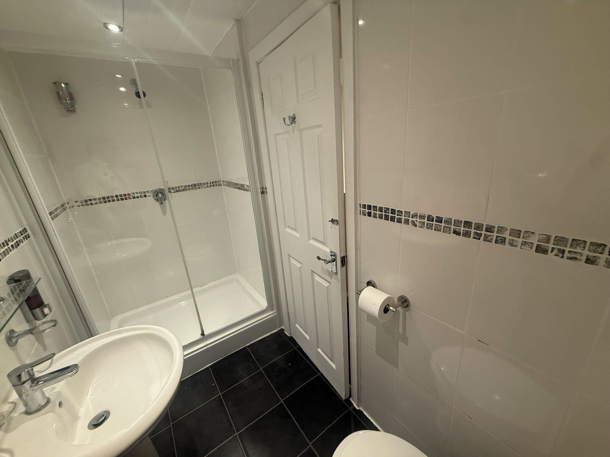 A bathroom with a glass-enclosed shower, a sink, a toilet, and a door with a towel rack.