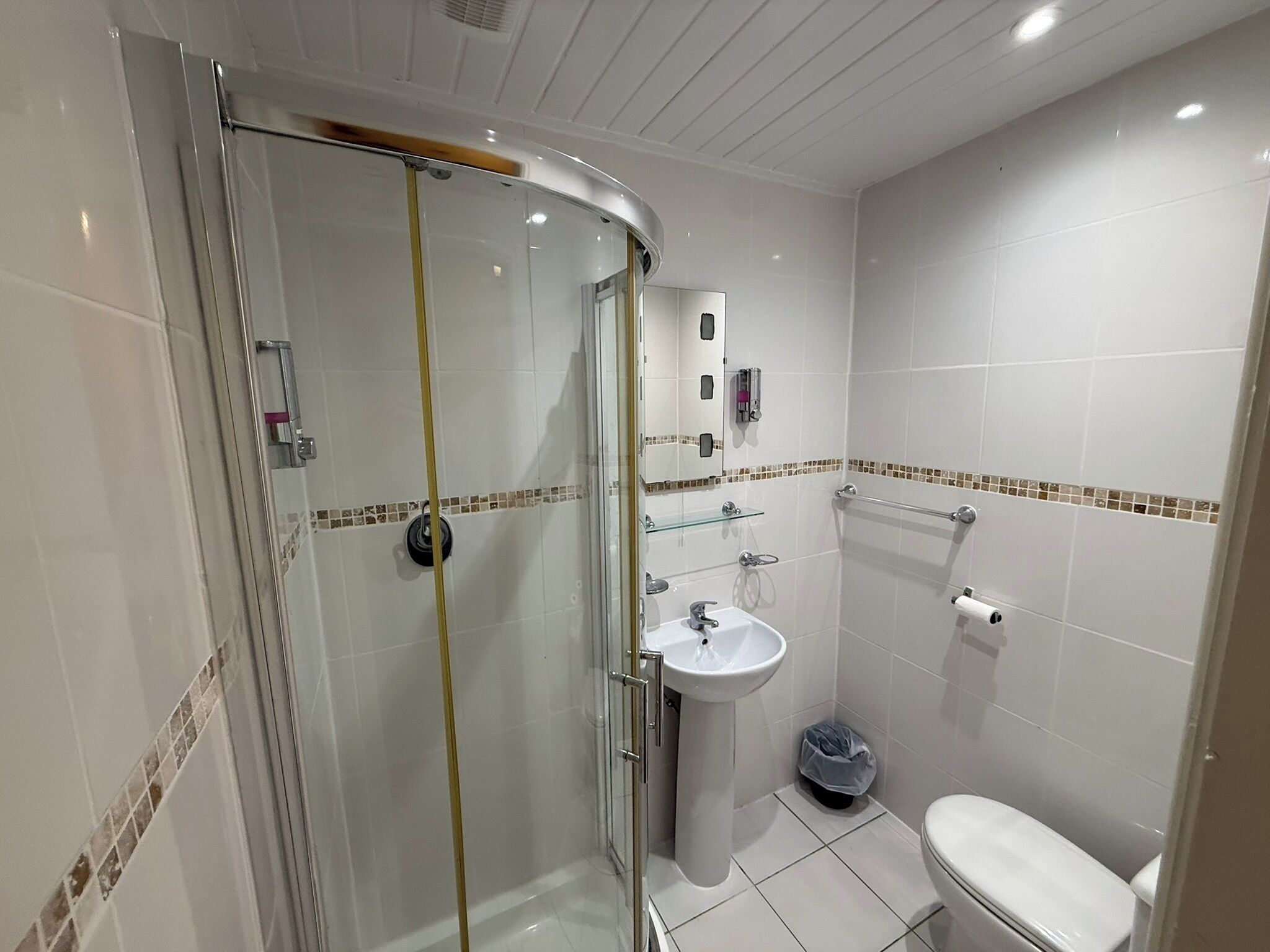 A bathroom with a glass shower enclosure, a pedestal sink, a toilet, and a small trash bin.