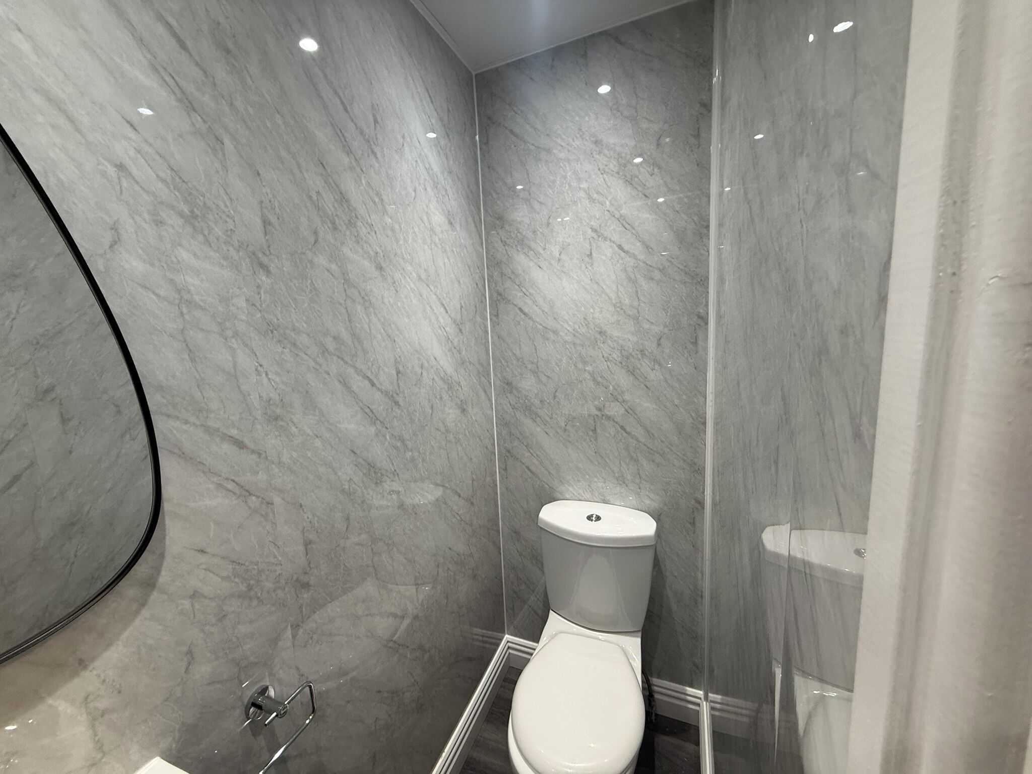 Une salle de bain comprenant des toilettes, un espace douche et un mur en marbre.