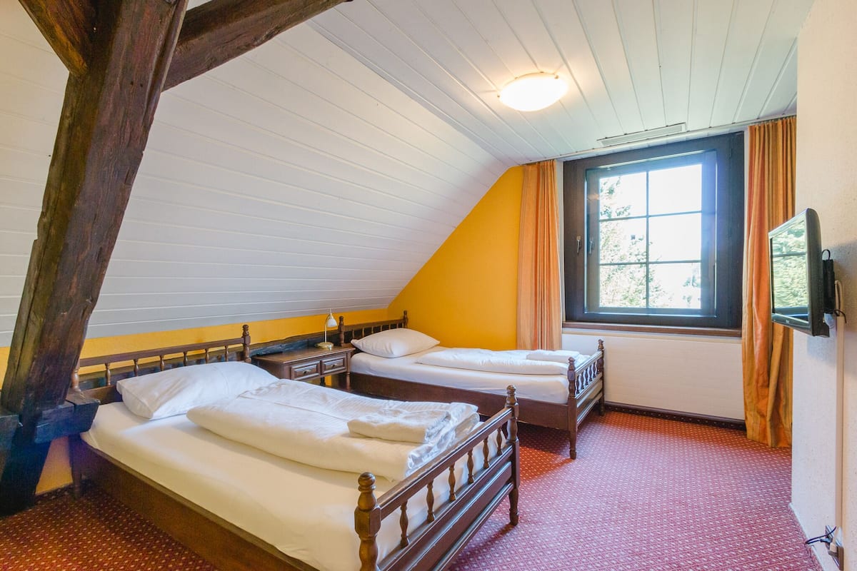 Une chambre avec deux lits, une fenêtre avec des rideaux, un plafond en bois et un téléviseur fixé au mur.