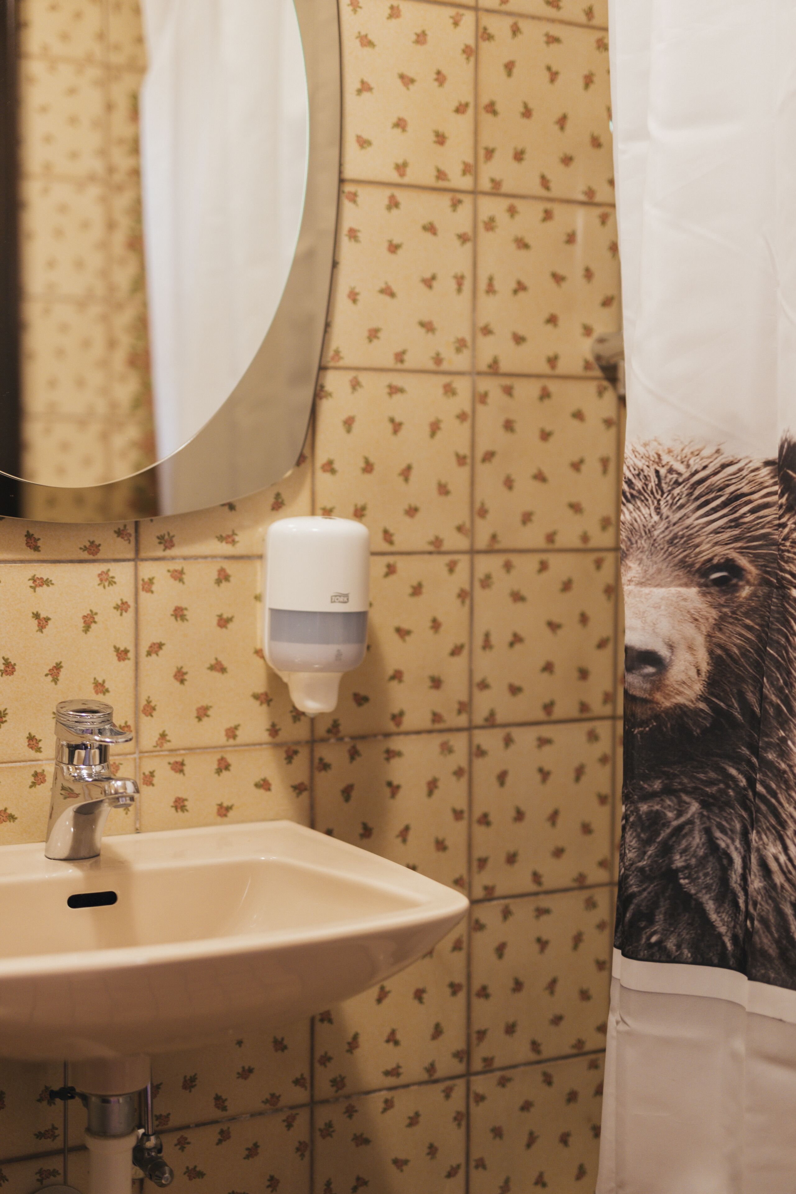A bathroom with a sink, a mirror, and a shower curtain featuring a bear design.
