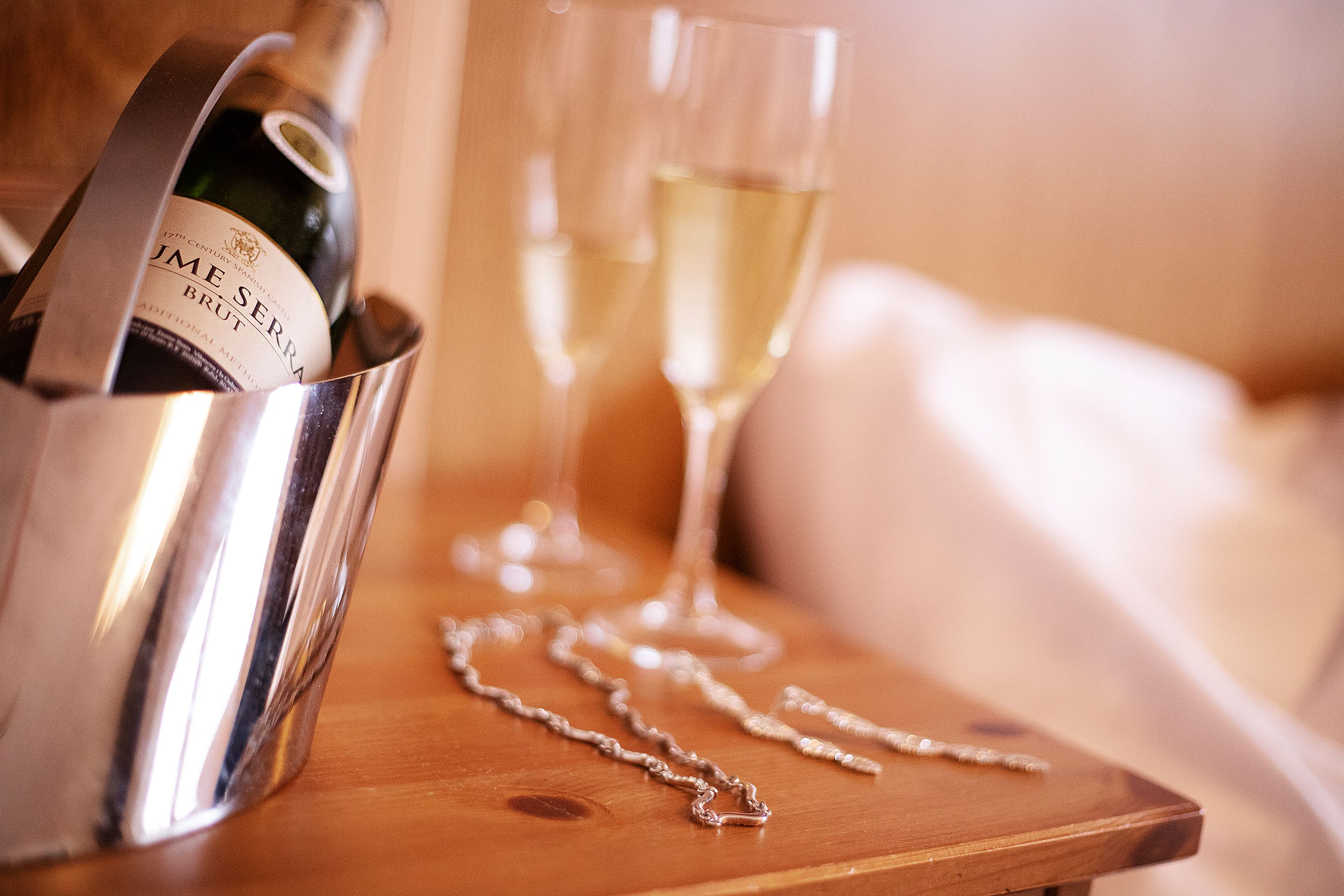 Una botella de vino J.M. Serrat en un cubo metálico, una copa de vino y un collar de plata sobre una mesa de madera.