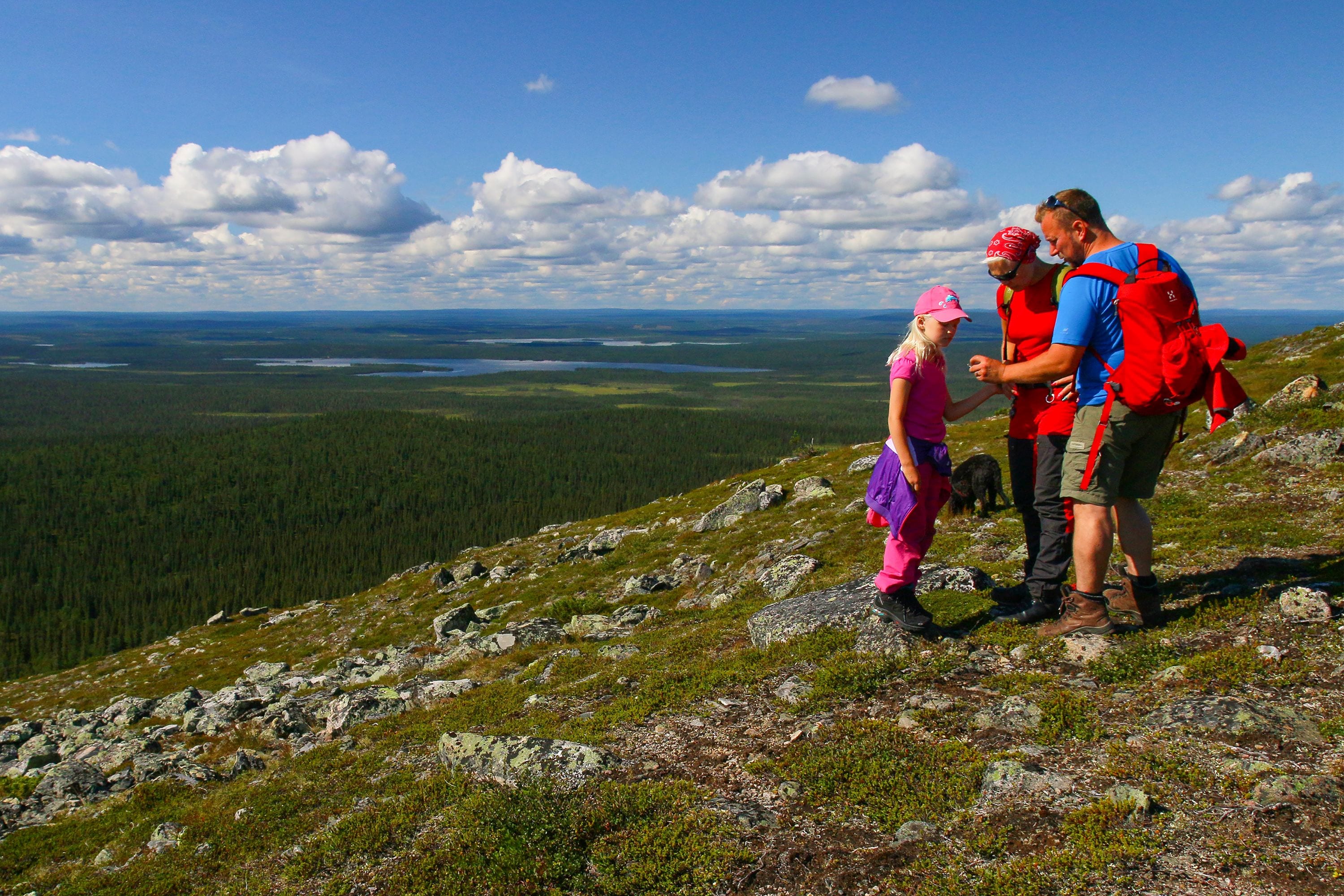A group of people hiking on a rocky mountain trail with a vast forest and lakes in the background.