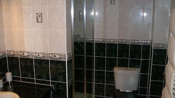 Een badkamer met een douche, toilet en wastafel.