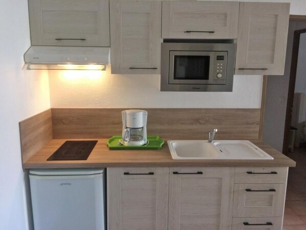 A compact kitchen with a built-in microwave, a coffee maker on a green tray, a sink, and a dishwasher. - Lagrange Vacances La Closerie (Barjac)