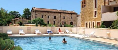Seasonal outdoor pool, sun loungers