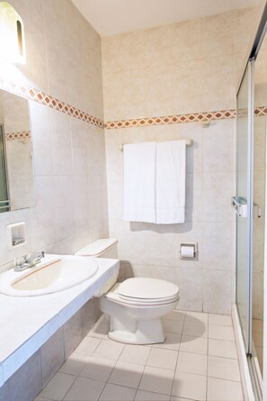 Regadera, toallas, jabón, papel de baño 