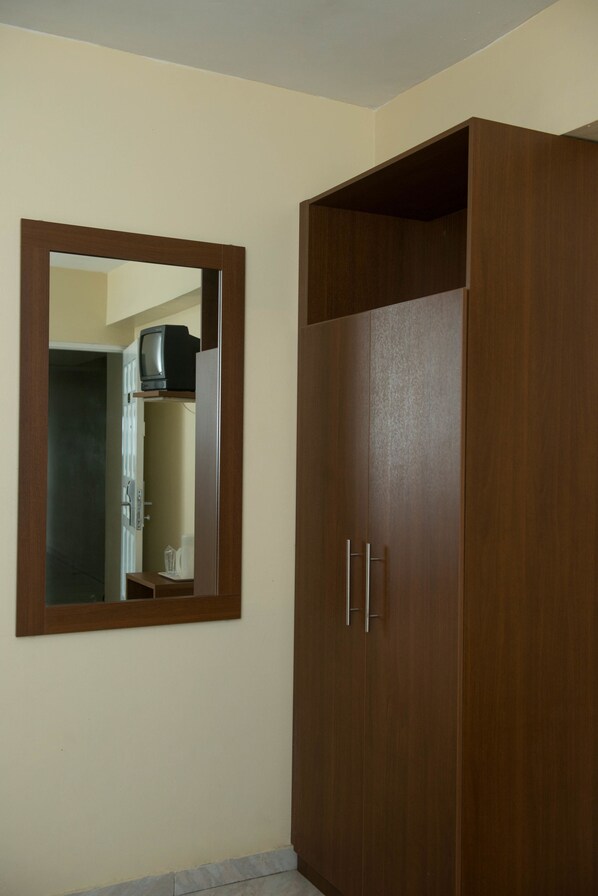 Una habitación con un armario de madera, un espejo y un televisor sobre una estantería.