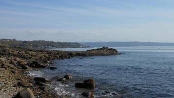 Enjoy the serene coastal scenery with a rocky shoreline and calm sea.