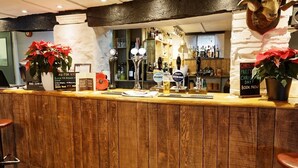 A bar area with wooden counter, multiple taps, and a large animal head decoration.