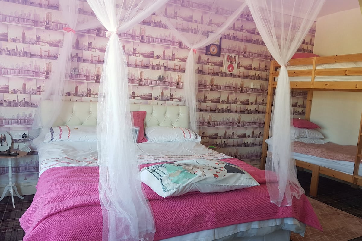 A bed with a canopy, a cityscape wallpaper, and a bunk bed in the background.