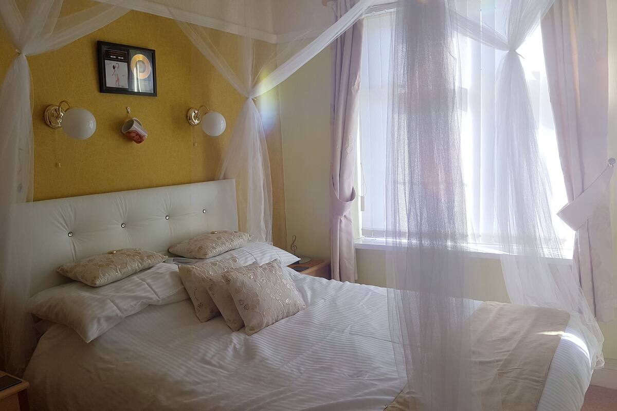 A bed with a canopy, a framed picture on the wall, and a bedside table with a lamp.