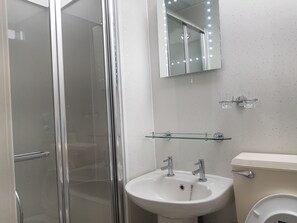 Habitación familiar con 1 cama matrimonial o 2 individuales, baño privado | Baño | Regadera, amenidades de baño gratuitas, secadora de cabello, toallas