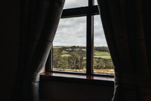 A window with a view of a green landscape, curtains partially drawn, and a cloudy sky.