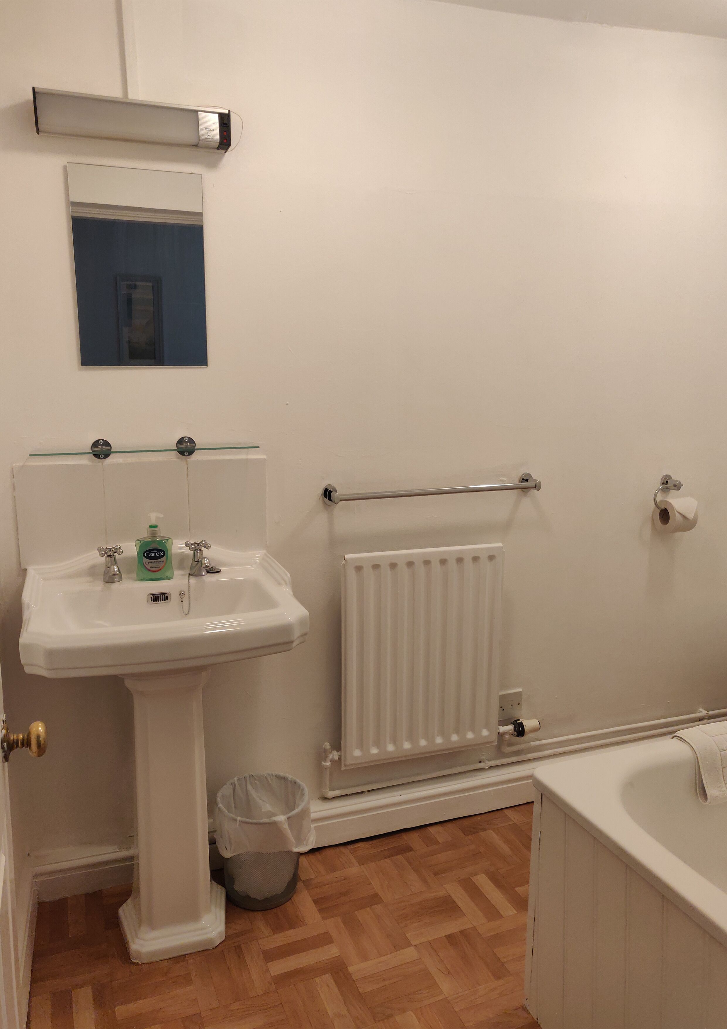 Un baño con lavamanos pedestal, espejo, radiador, dispensador de papel higiénico y cesto de basura.