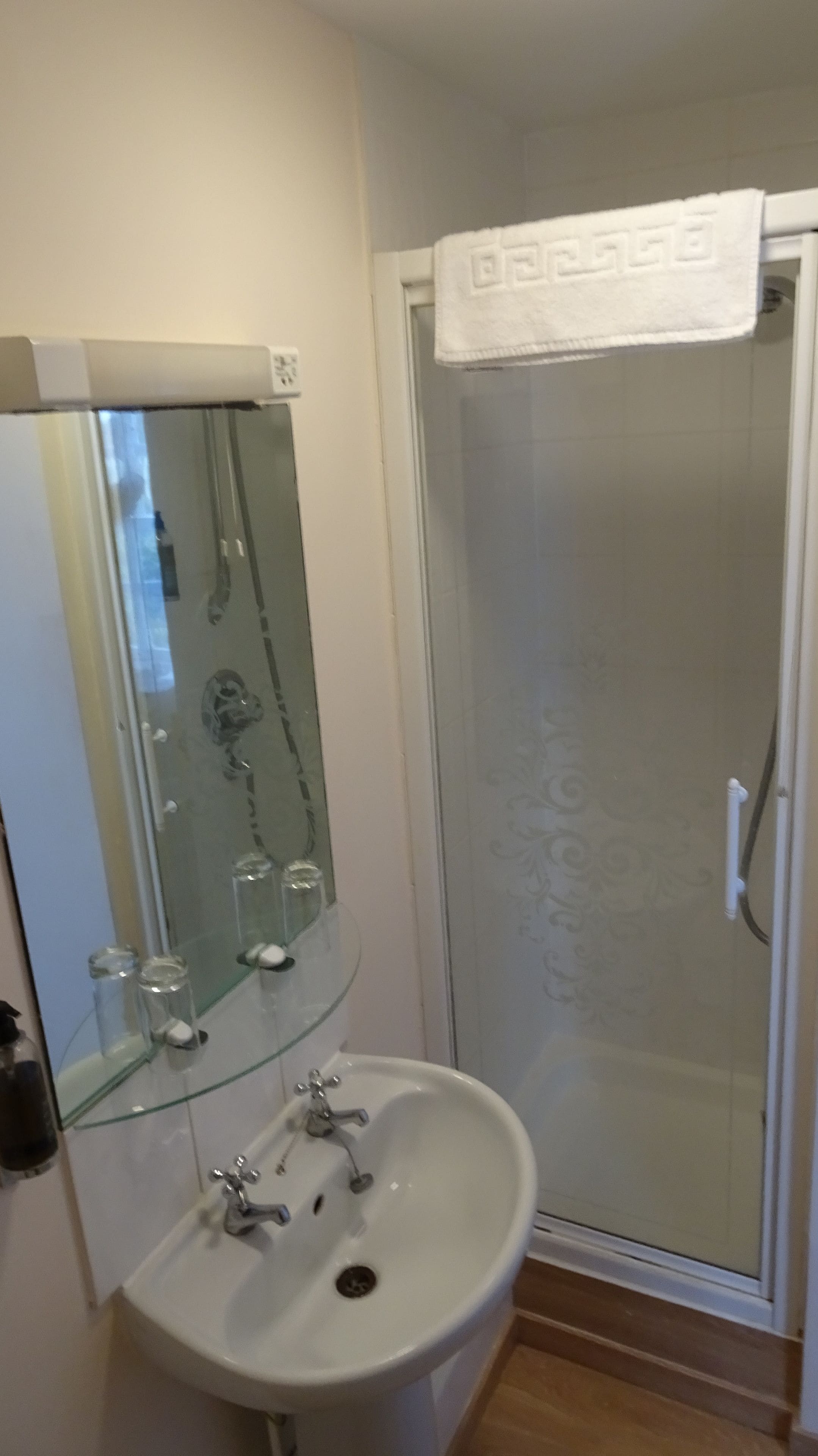 Un baño con cabina de ducha de vidrio, un lavamanos blanco con un espejo arriba y una toalla colgada en la puerta de la ducha.