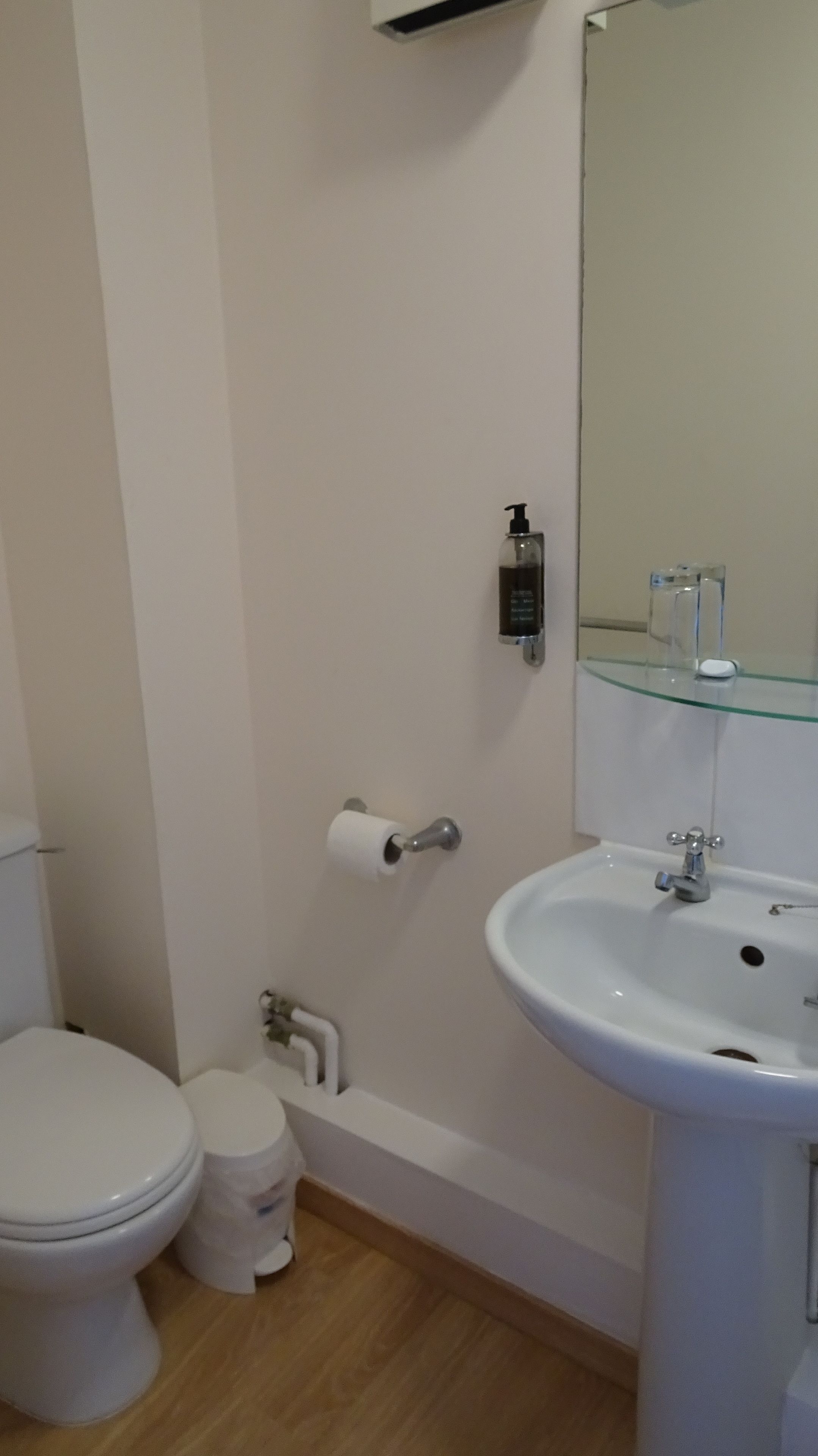 A bathroom with a toilet, a sink, a glass shower enclosure, and a mirror.