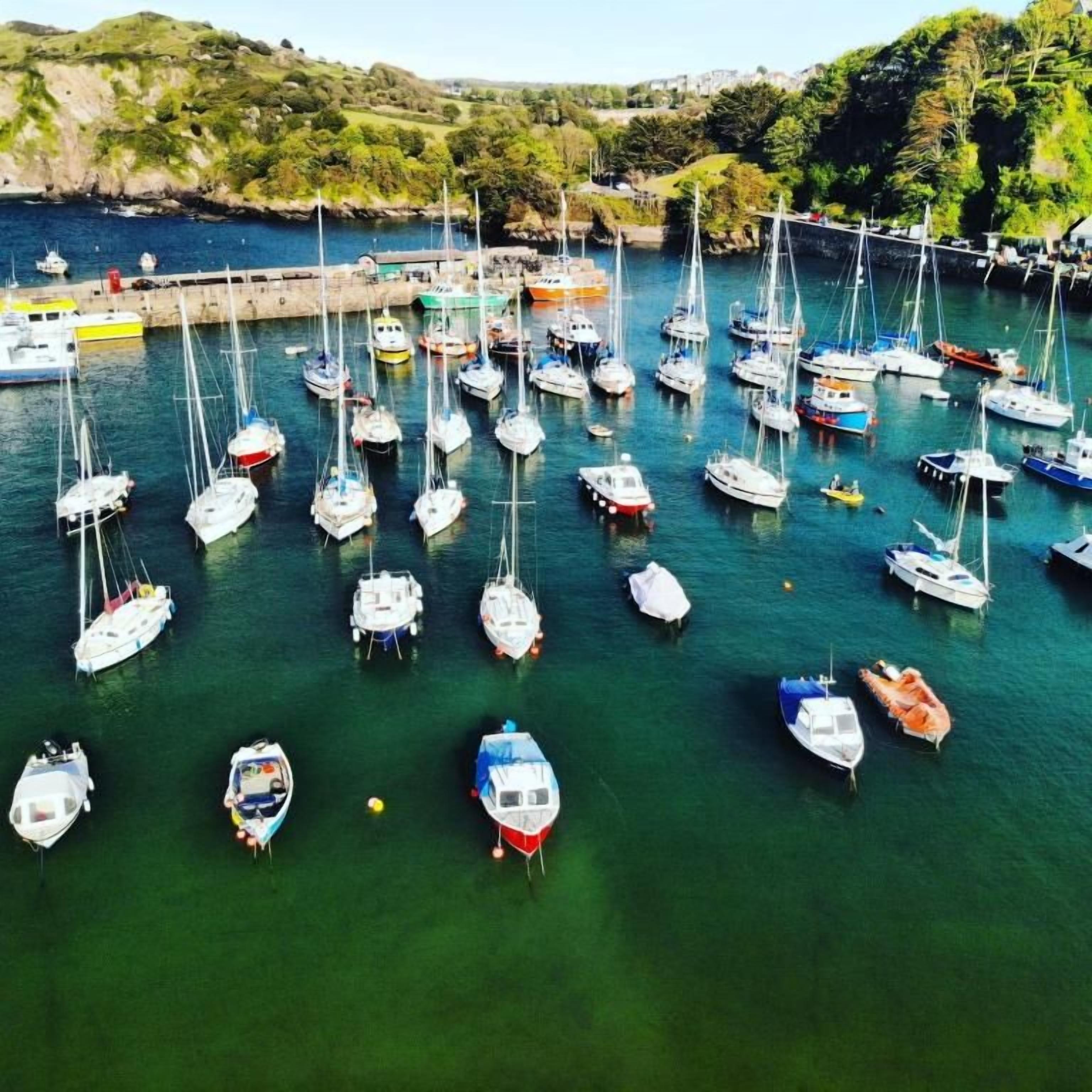 A marina with multiple boats docked in calm waters, surrounded by hills and greenery.