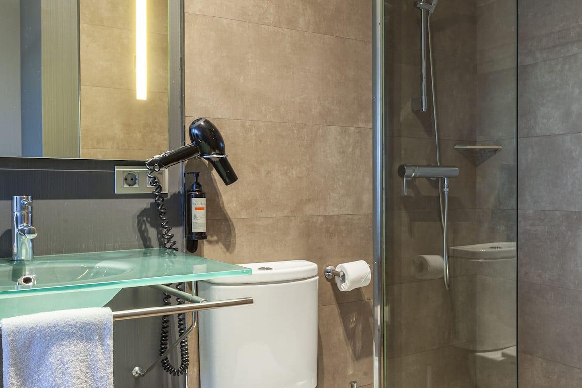 free toiletries, hair dryer, bidet, towels
