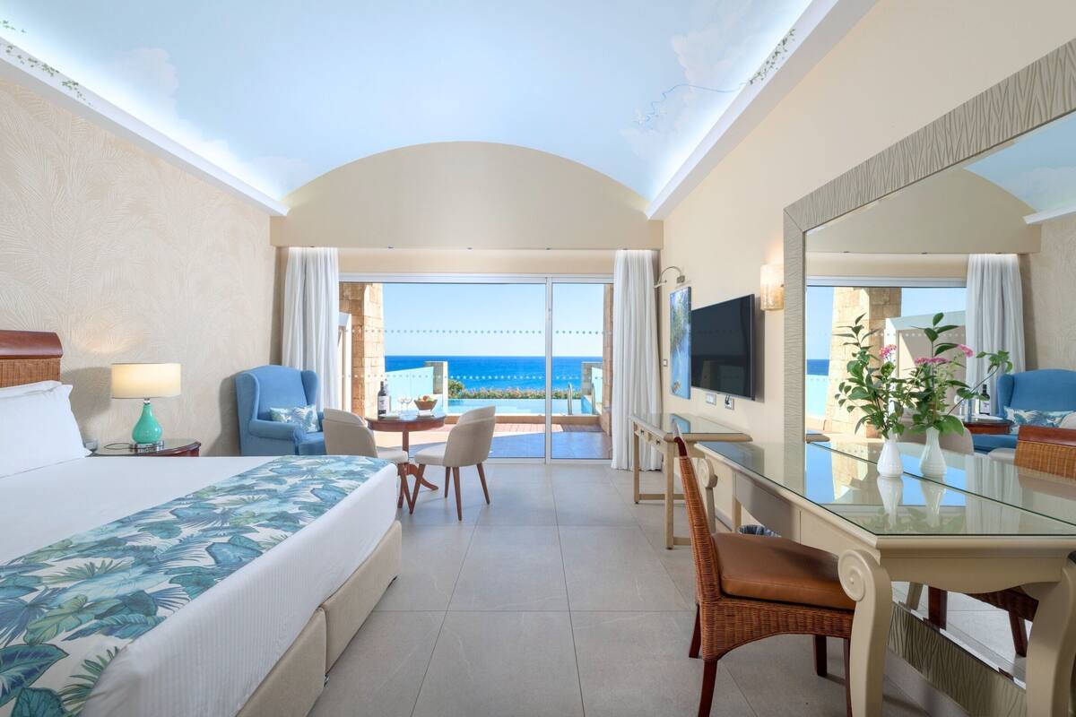 Een hotelkamer met een bed, een bureau, een stoel, een televisie en een balkon met uitzicht op de oceaan.