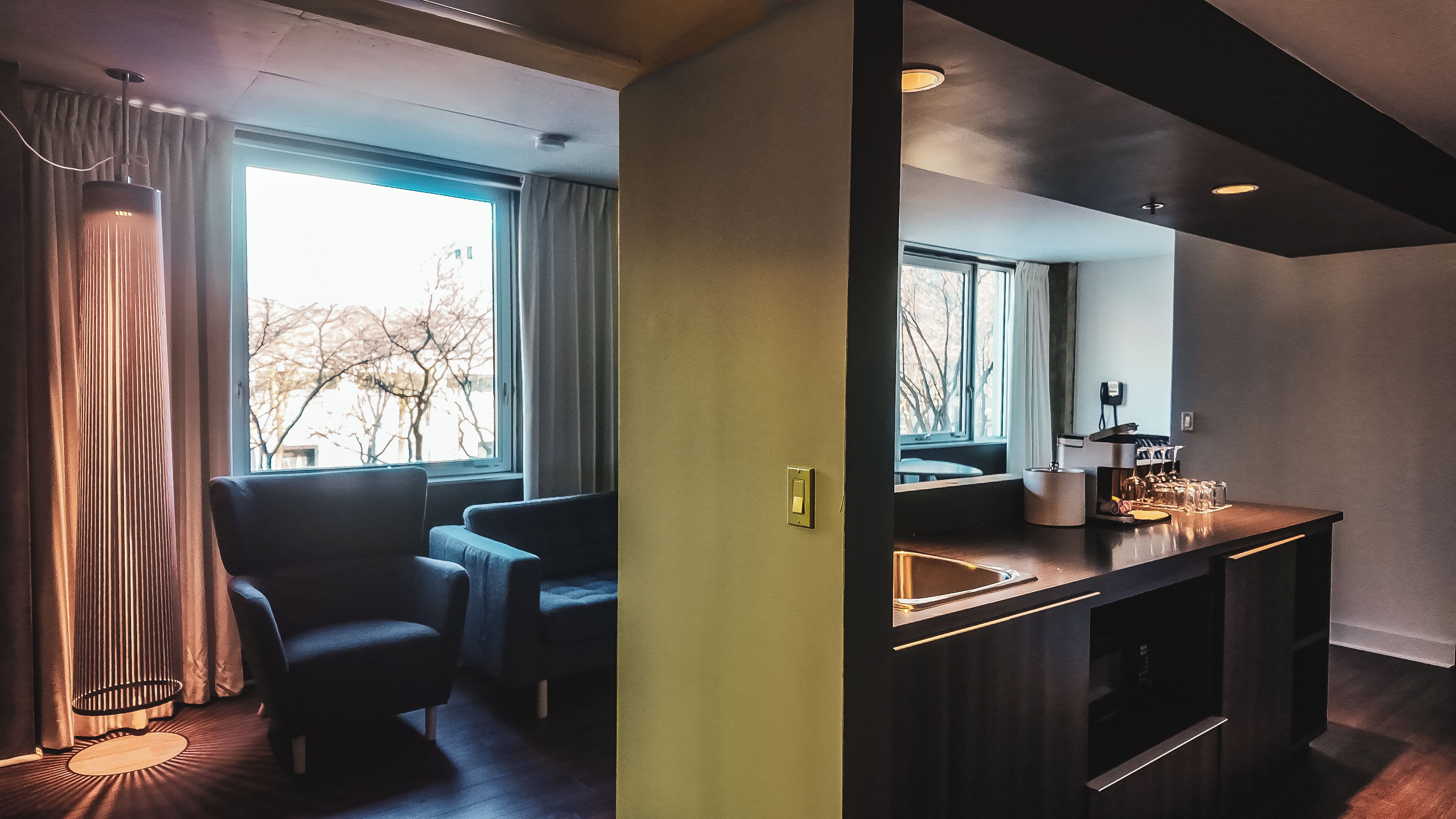 A modern room with a sofa, a small table, a bar area with a coffee machine, and a view of trees through the window.