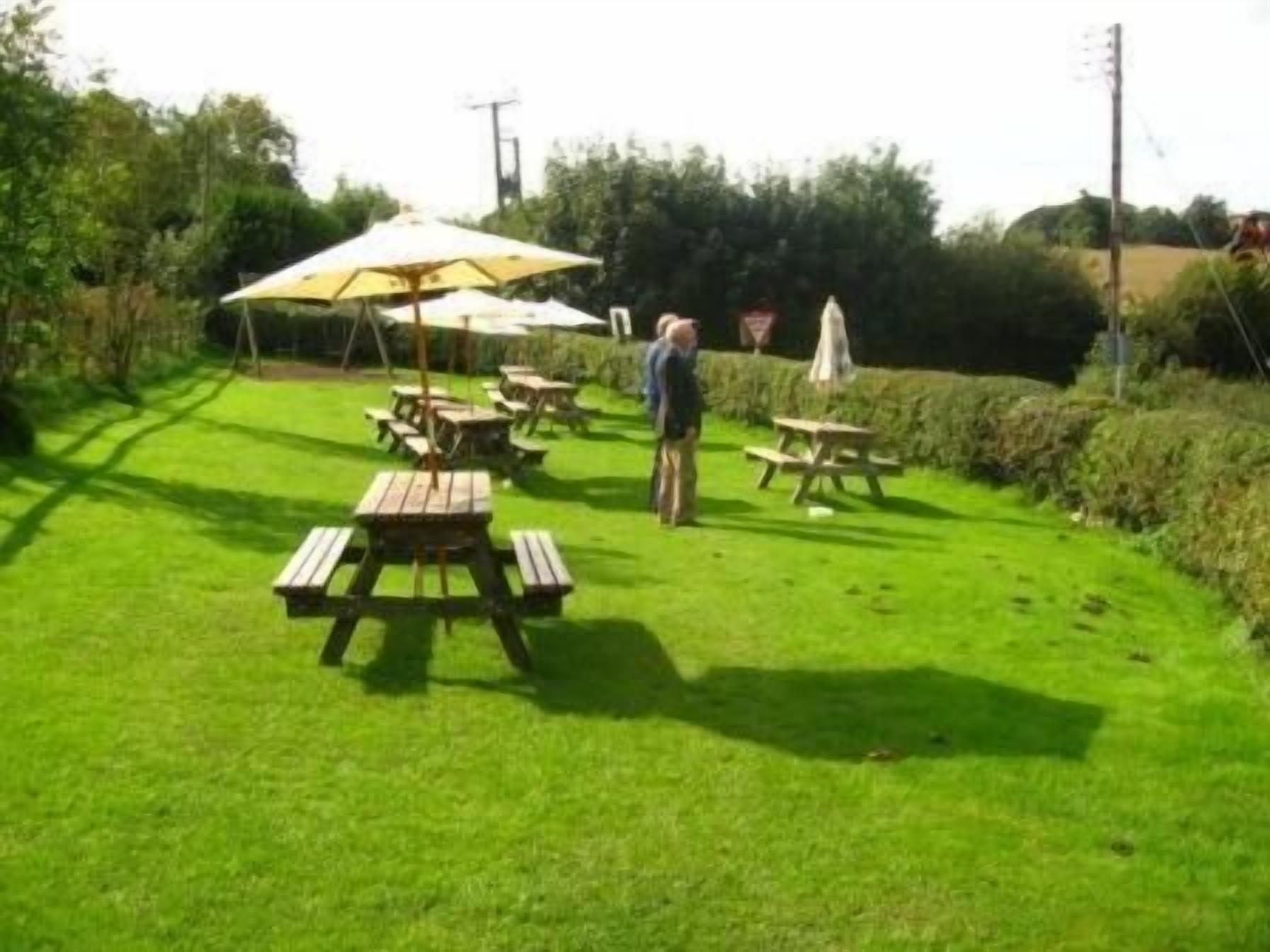 Un'area verde all'aperto con tavoli da picnic e ombrelloni.