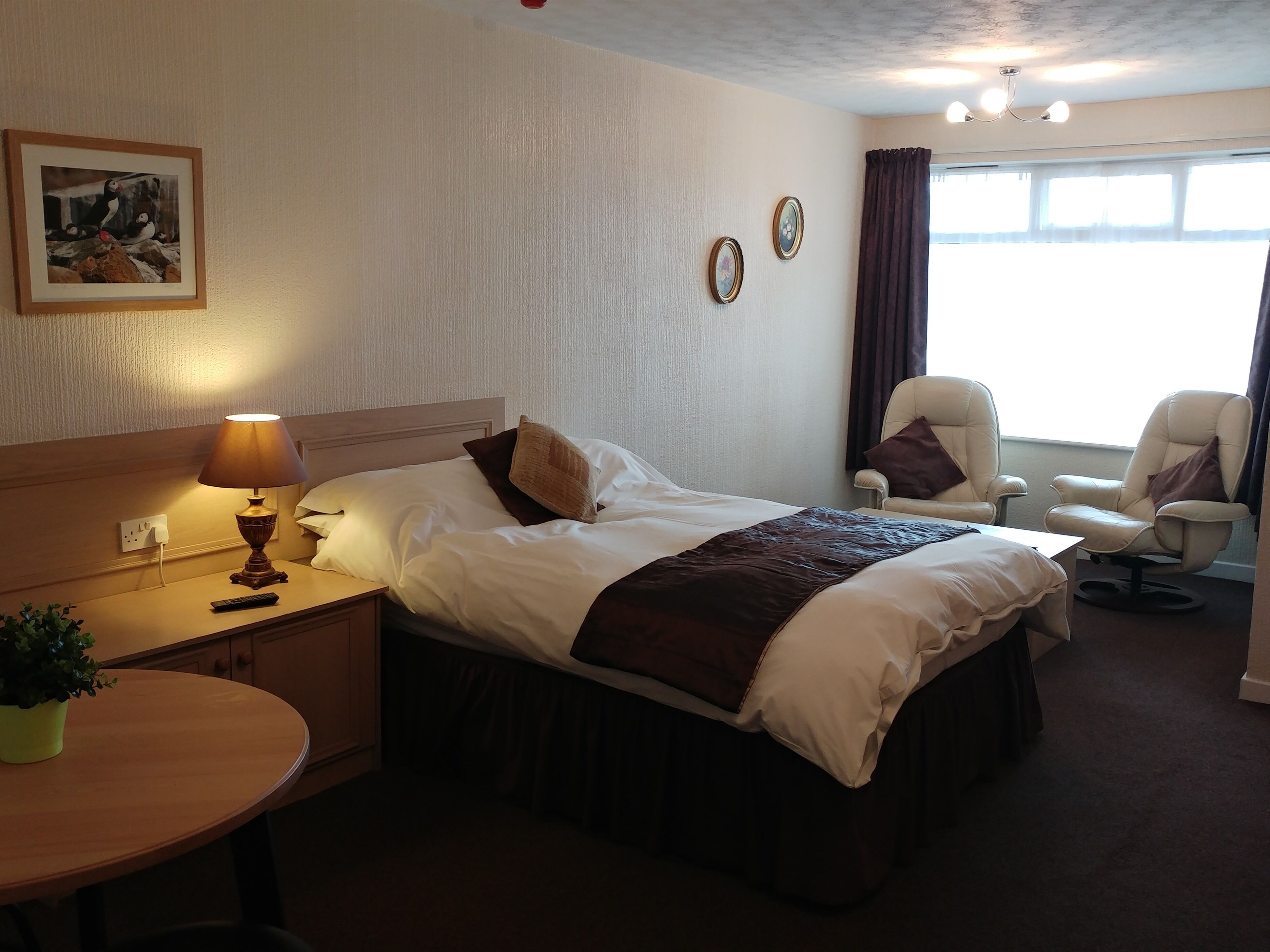 Quarto de hotel com cama, duas cadeiras, escrivaninha, luminária e um quadro na parede.