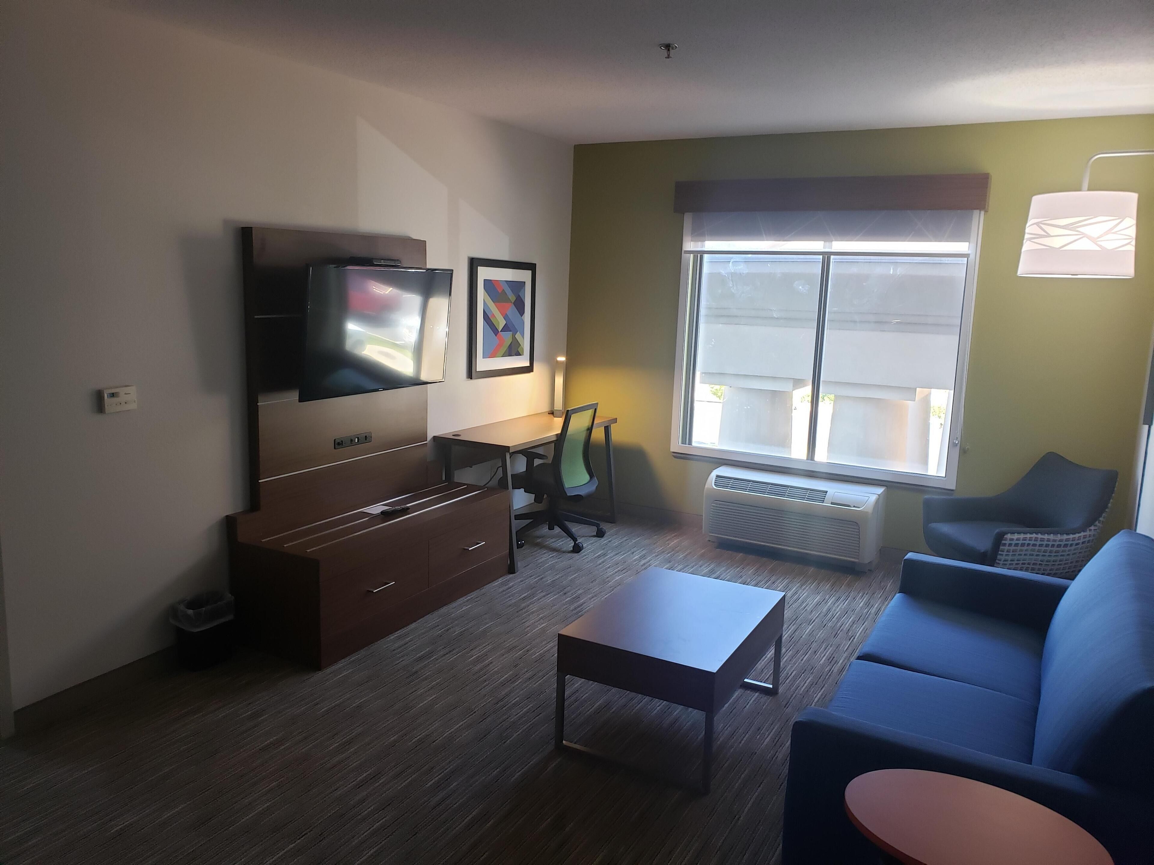 suite, 1 king bed (walk-in shower, vanity) | living area | flat-screen tv