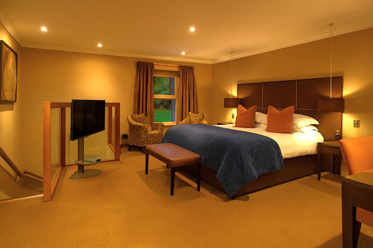 A hotel room with a bed, a TV, a chair, a bench, and a window with curtains.