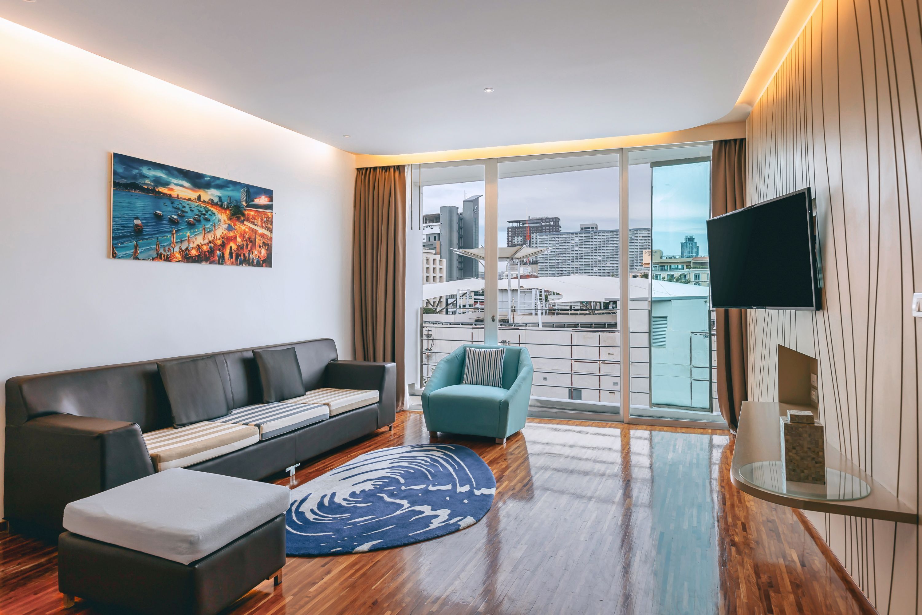 48-inch LCD TV with cable channels, TV, DVD player