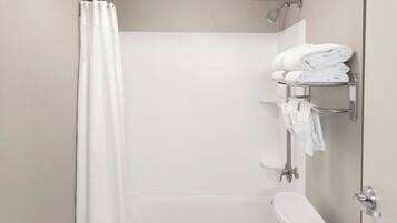 Un bagno moderno con doccia, WC e porta asciugamani.