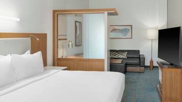 Una habitación de hotel con una cama grande, un escritorio, un sofá, un televisor y un espejo.